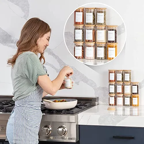 12 PCs Set Glass Jars with Bamboo Lids, 250ml Clear Glass Food Storage Containers with labels, Wide Mouth Glass Kitchen Canister with Airtight Bamboo Lids for Beans, Tea, Nuts and More Dry Goods