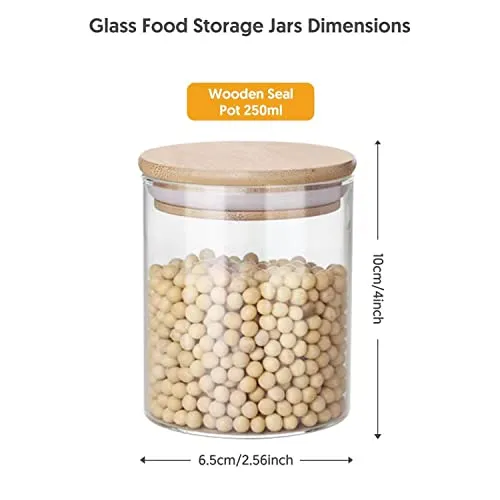 12 PCs Set Glass Jars with Bamboo Lids, 250ml Clear Glass Food Storage Containers with labels, Wide Mouth Glass Kitchen Canister with Airtight Bamboo Lids for Beans, Tea, Nuts and More Dry Goods