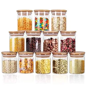 12 PCs Set Glass Jars with Bamboo Lids, 250ml Clear Glass Food Storage Containers with labels, Wide Mouth Glass Kitchen Canister with Airtight Bamboo Lids for Beans, Tea, Nuts and More Dry Goods