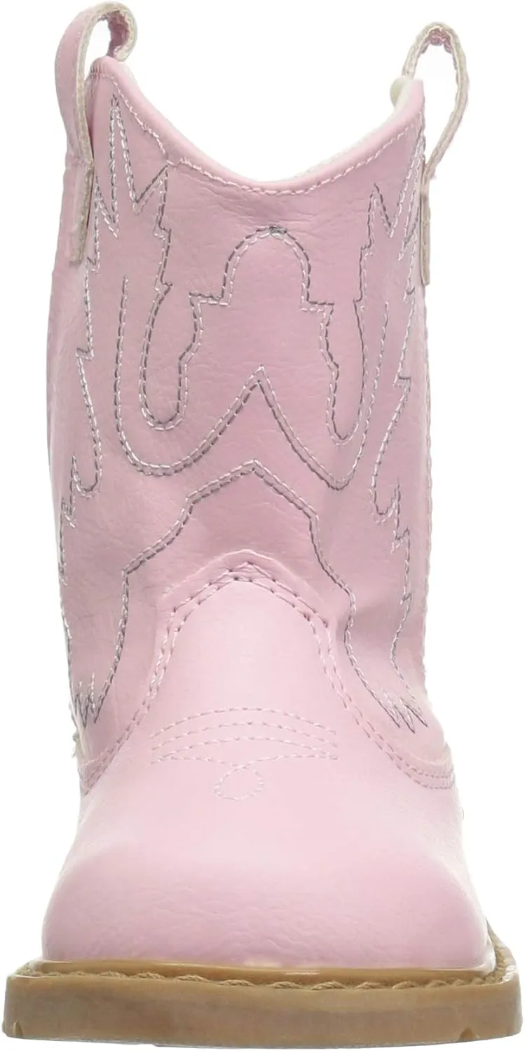 Baby Deer, Faux-leather, Rubber-soled, Kids Round Toe Western Boot for Toddler Boys or Girls with Ornamental Cowboy Stitching and Hook-and-loop Closure