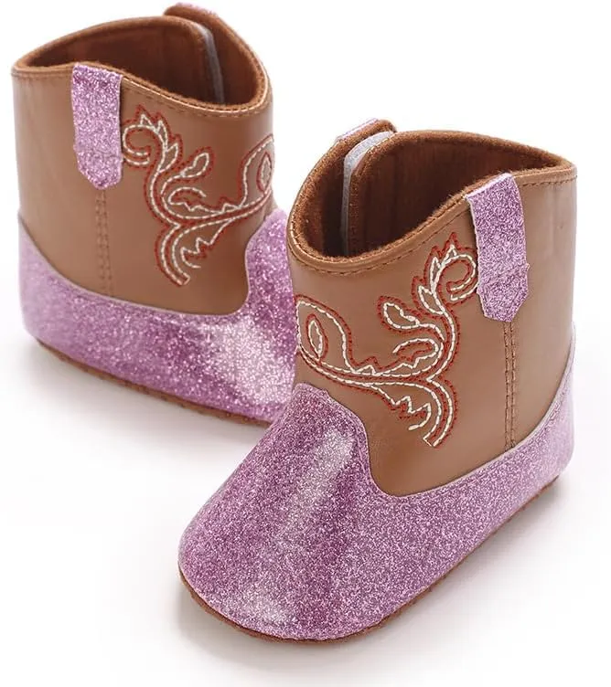 Baby Girls Cowboy Boots Western Boots Toddler Cowboy Bootie Soft Sole Non-Slip Crib Shoes for Infant 0-18 Months