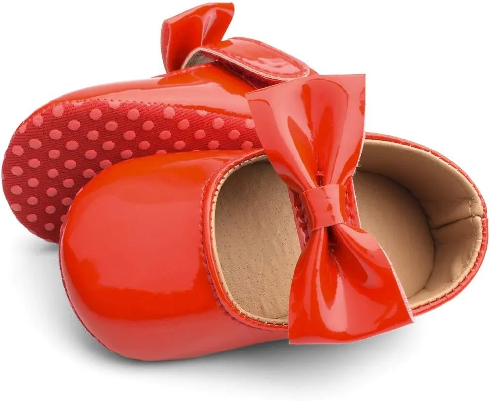 Baby Girls Mary Jane Flat Shoes with Bownot Non Slip Soft Sole PU Leather Newborn Infant Toddler Dress Shoes