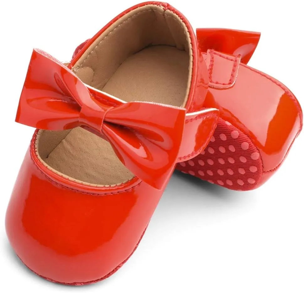 Baby Girls Mary Jane Flat Shoes with Bownot Non Slip Soft Sole PU Leather Newborn Infant Toddler Dress Shoes