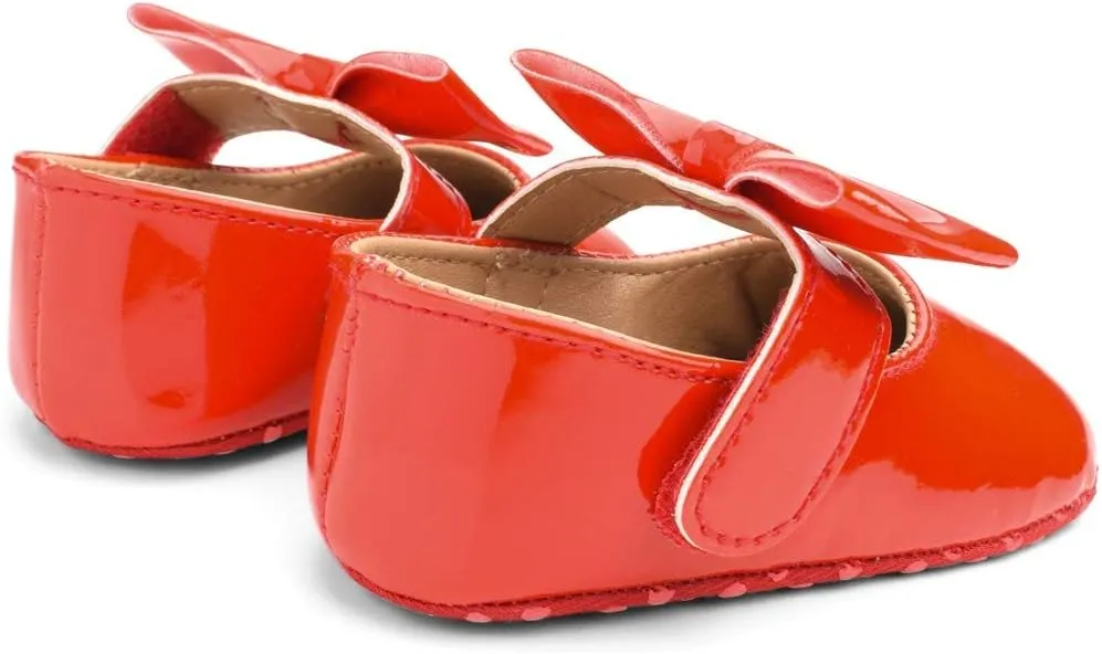 Baby Girls Mary Jane Flat Shoes with Bownot Non Slip Soft Sole PU Leather Newborn Infant Toddler Dress Shoes