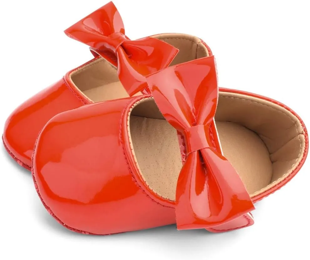 Baby Girls Mary Jane Flat Shoes with Bownot Non Slip Soft Sole PU Leather Newborn Infant Toddler Dress Shoes