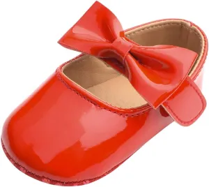 Baby Girls Mary Jane Flat Shoes with Bownot Non Slip Soft Sole PU Leather Newborn Infant Toddler Dress Shoes