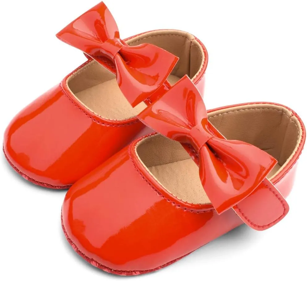 Baby Girls Mary Jane Flat Shoes with Bownot Non Slip Soft Sole PU Leather Newborn Infant Toddler Dress Shoes