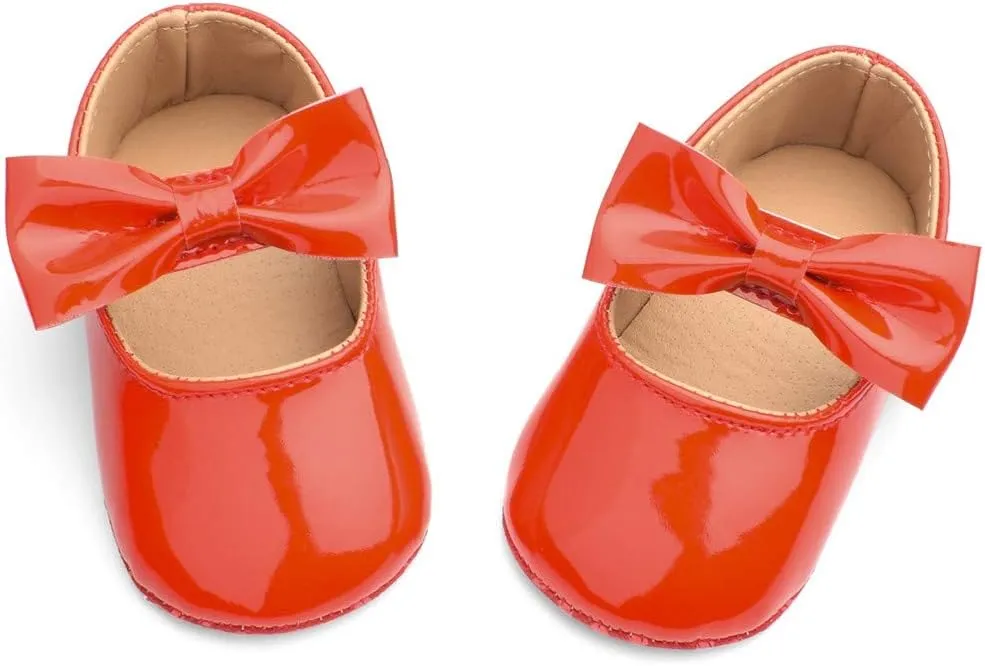 Baby Girls Mary Jane Flat Shoes with Bownot Non Slip Soft Sole PU Leather Newborn Infant Toddler Dress Shoes