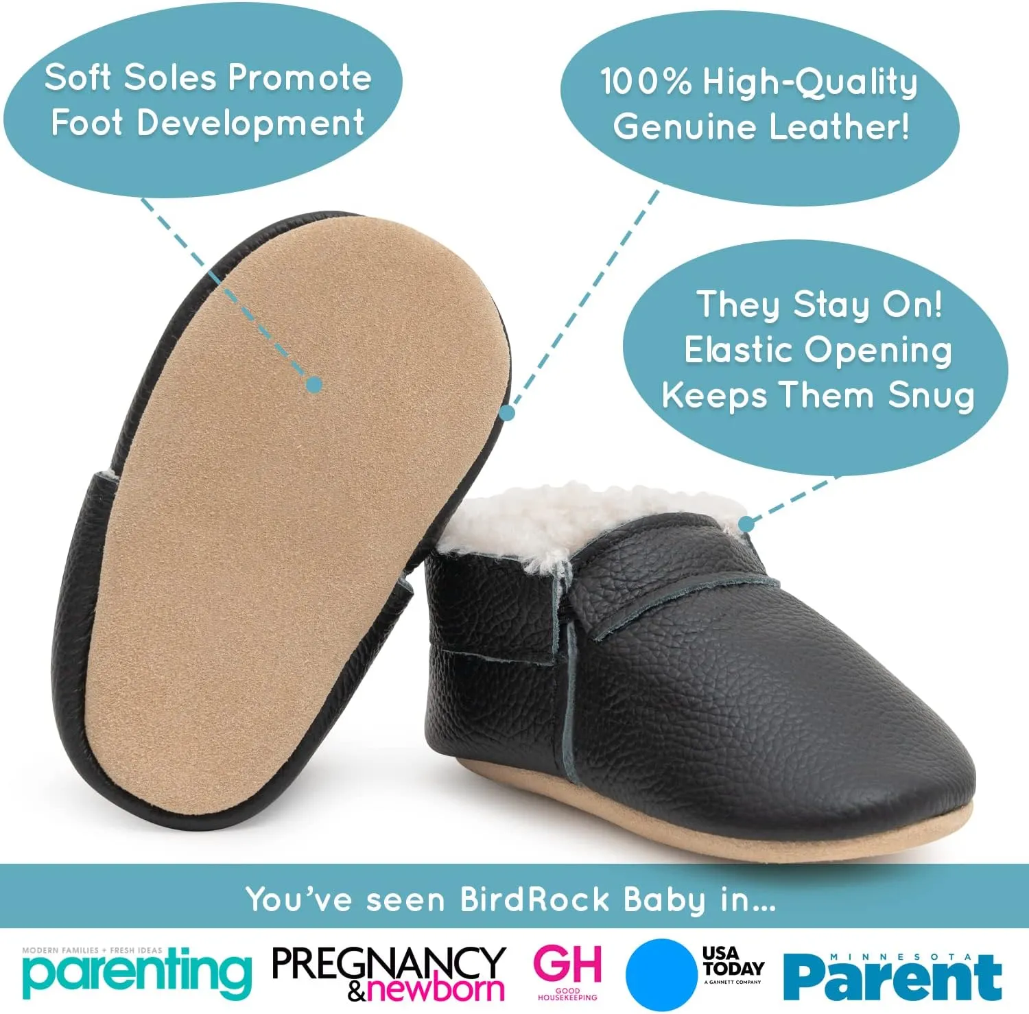 BirdRock Baby Sherpa Moccasins - Cozy, Genuine Leather Winter Shoes for Boys and Girls