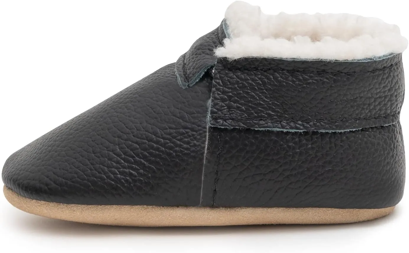 BirdRock Baby Sherpa Moccasins - Cozy, Genuine Leather Winter Shoes for Boys and Girls