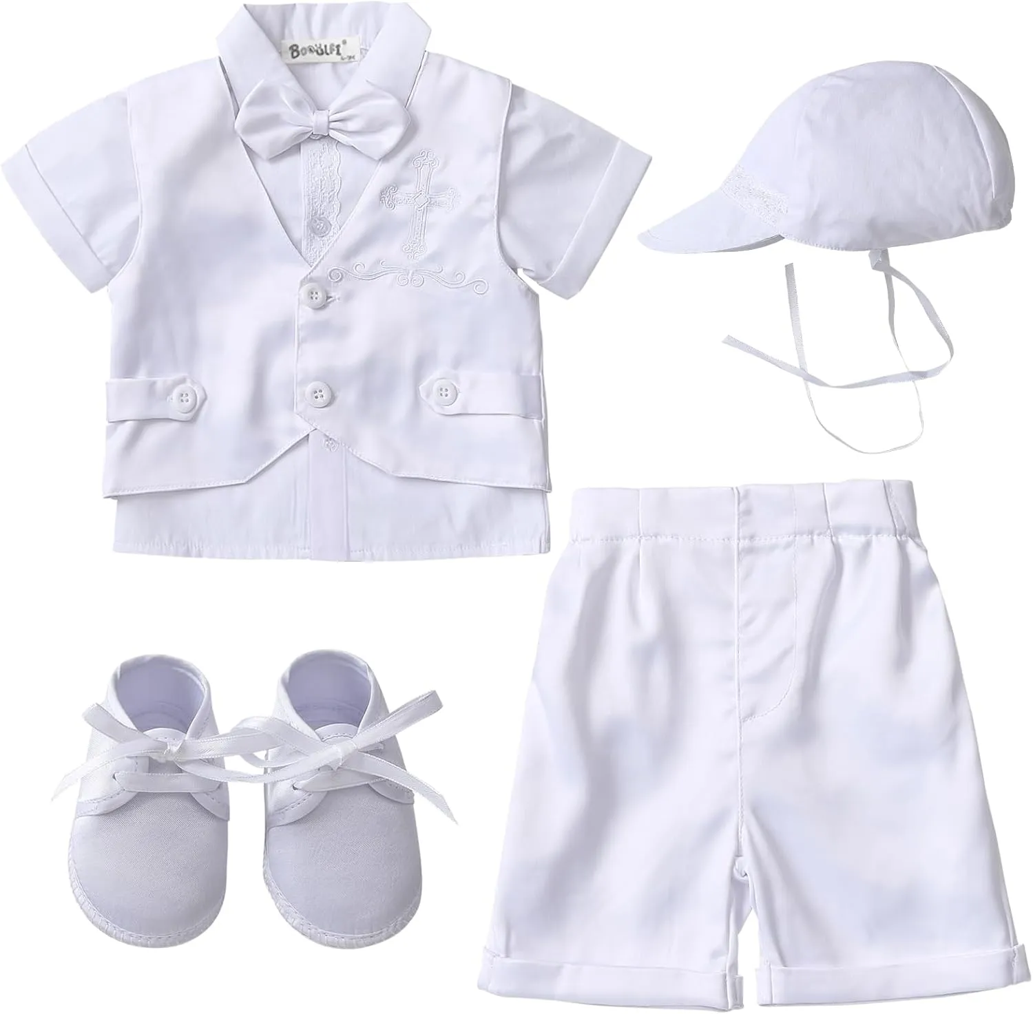 Booulfi Baptism White Suit for Baby Boys Christening Wedding Formal Suit Birthday Outfits Shirt Suspender Pant for Boys