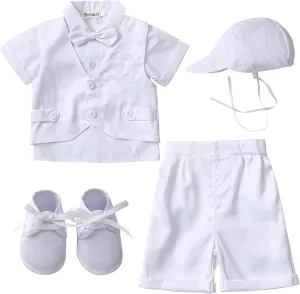 Booulfi Baptism White Suit for Baby Boys Christening Wedding Formal Suit Birthday Outfits Shirt Suspender Pant for Boys