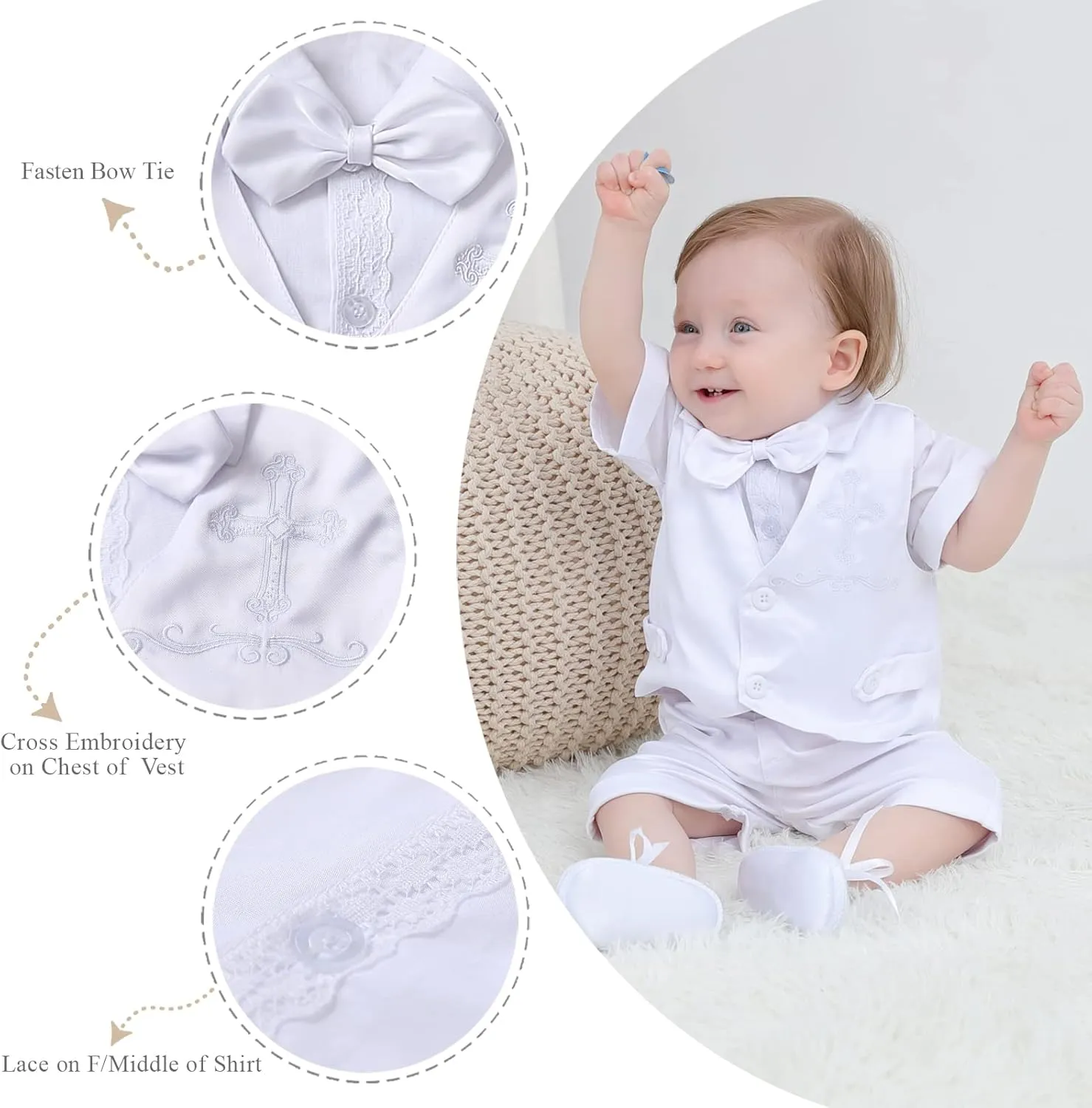 Booulfi Baptism White Suit for Baby Boys Christening Wedding Formal Suit Birthday Outfits Shirt Suspender Pant for Boys