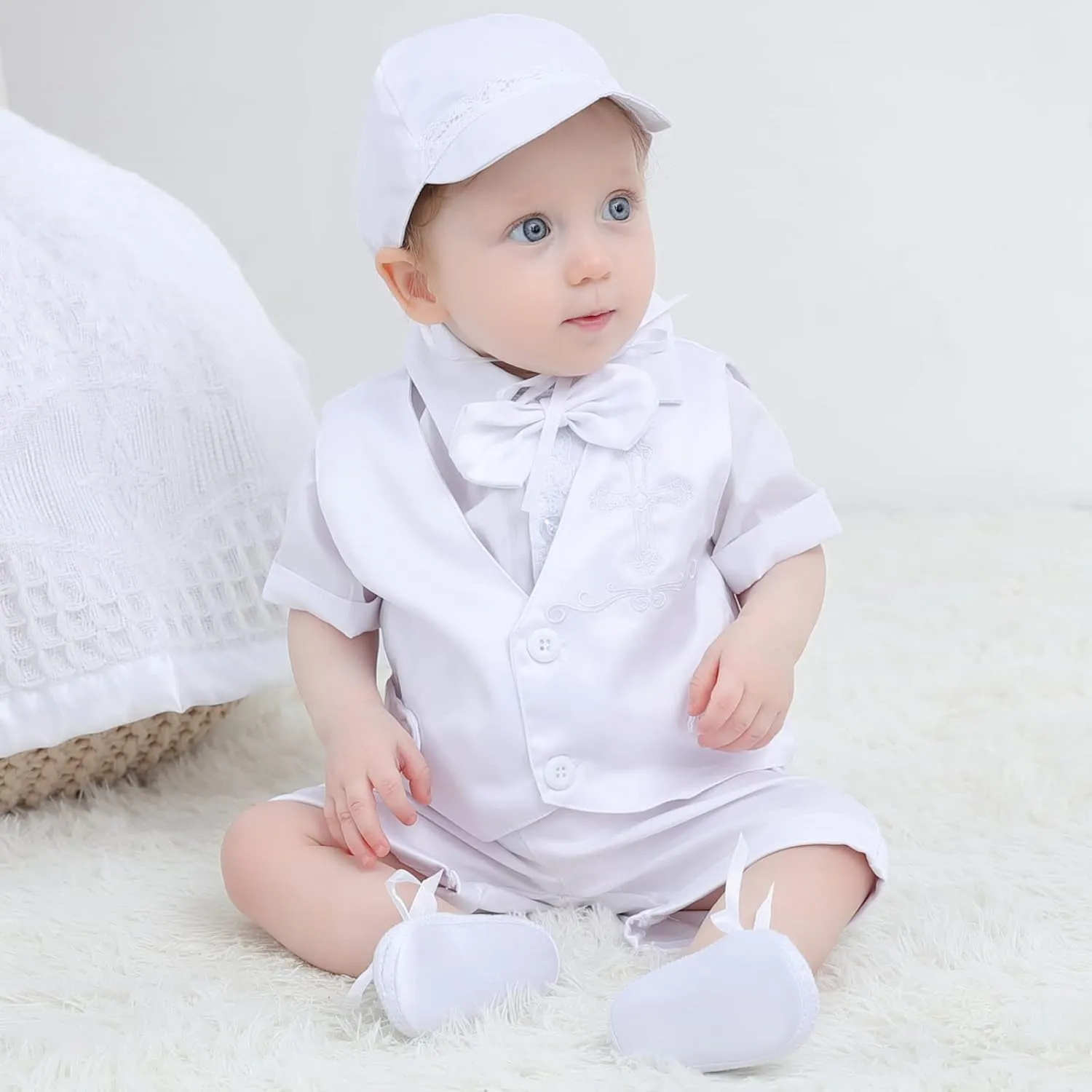 Booulfi Baptism White Suit for Baby Boys Christening Wedding Formal Suit Birthday Outfits Shirt Suspender Pant for Boys