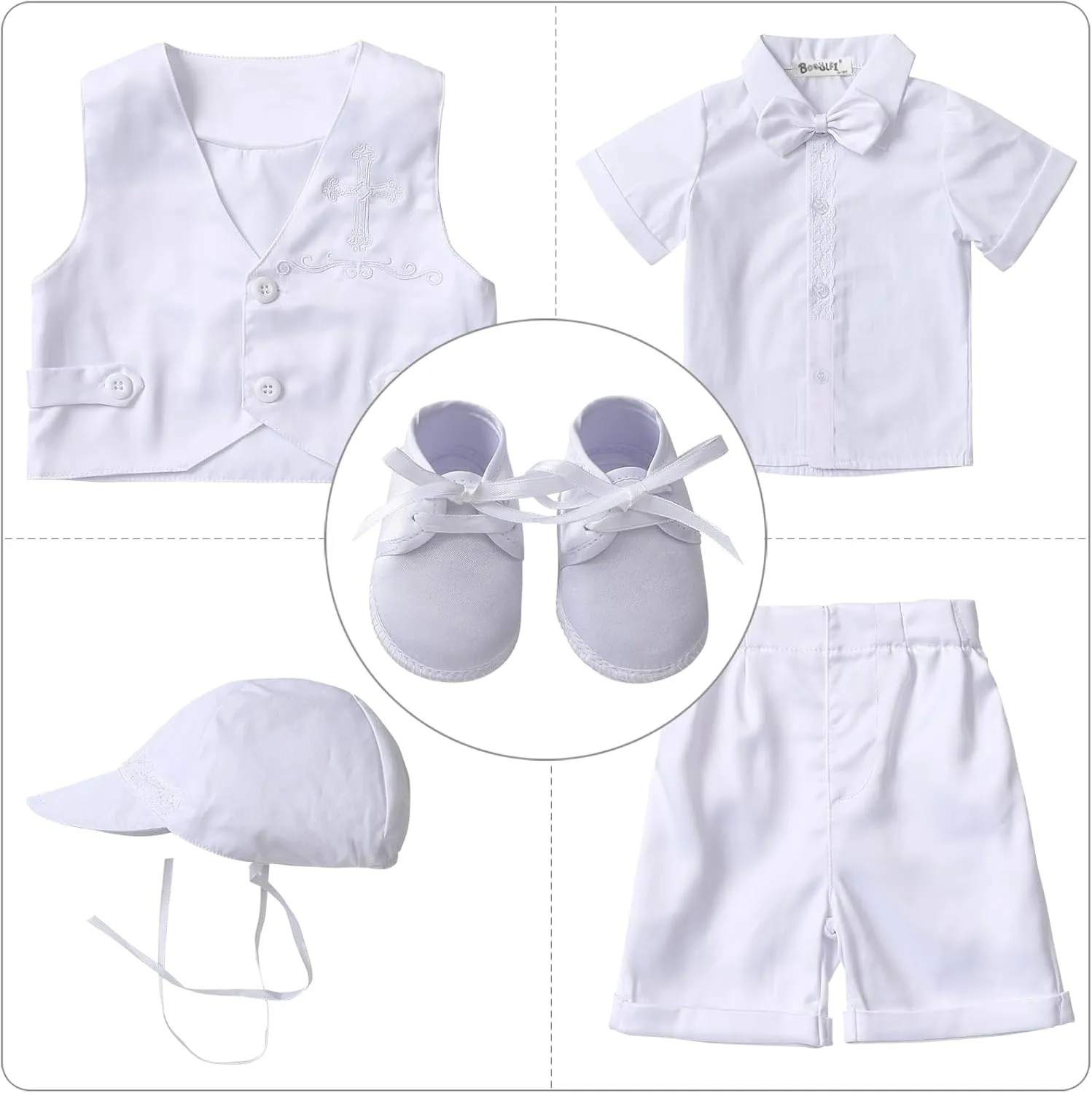 Booulfi Baptism White Suit for Baby Boys Christening Wedding Formal Suit Birthday Outfits Shirt Suspender Pant for Boys