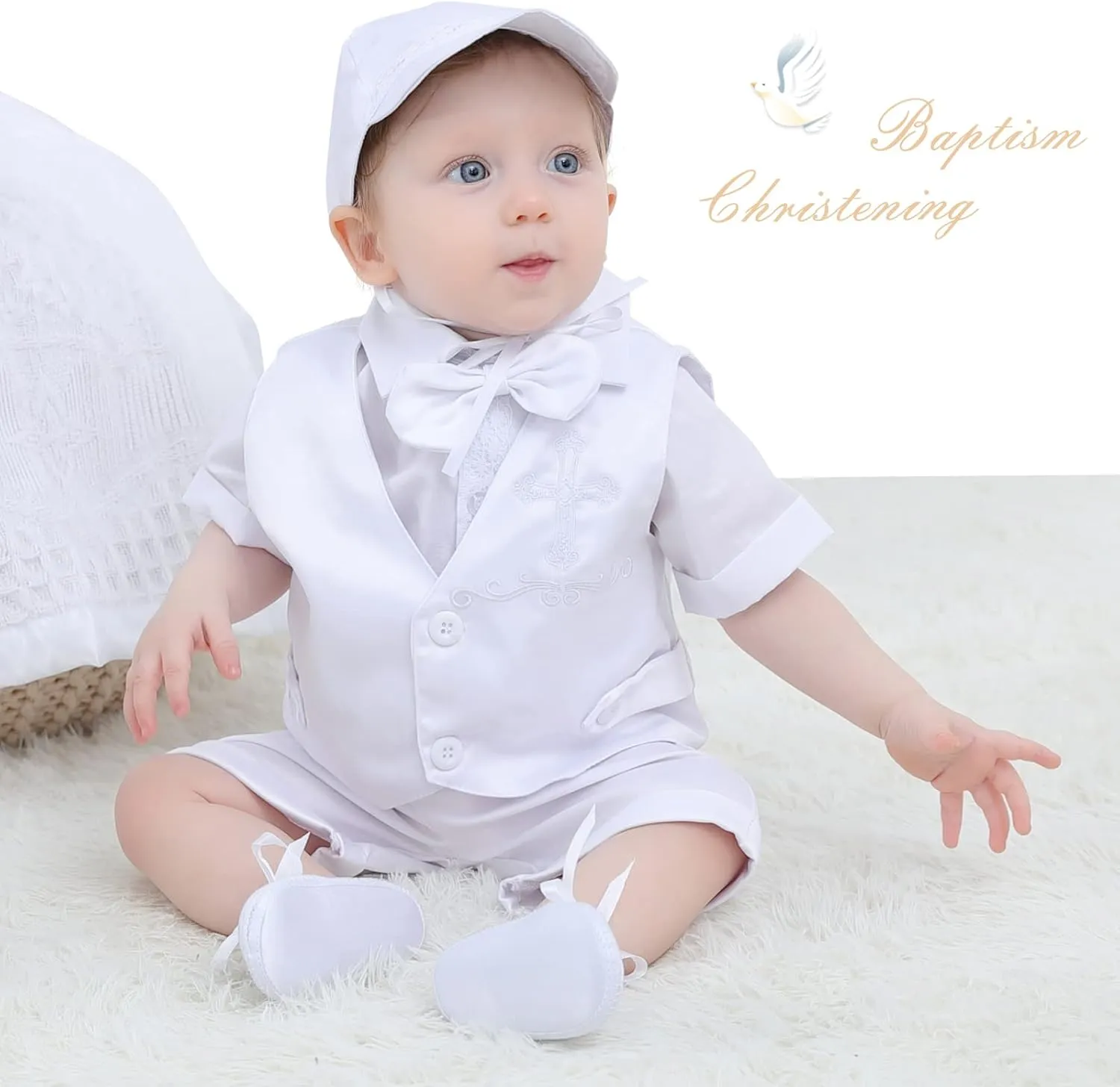 Booulfi Baptism White Suit for Baby Boys Christening Wedding Formal Suit Birthday Outfits Shirt Suspender Pant for Boys