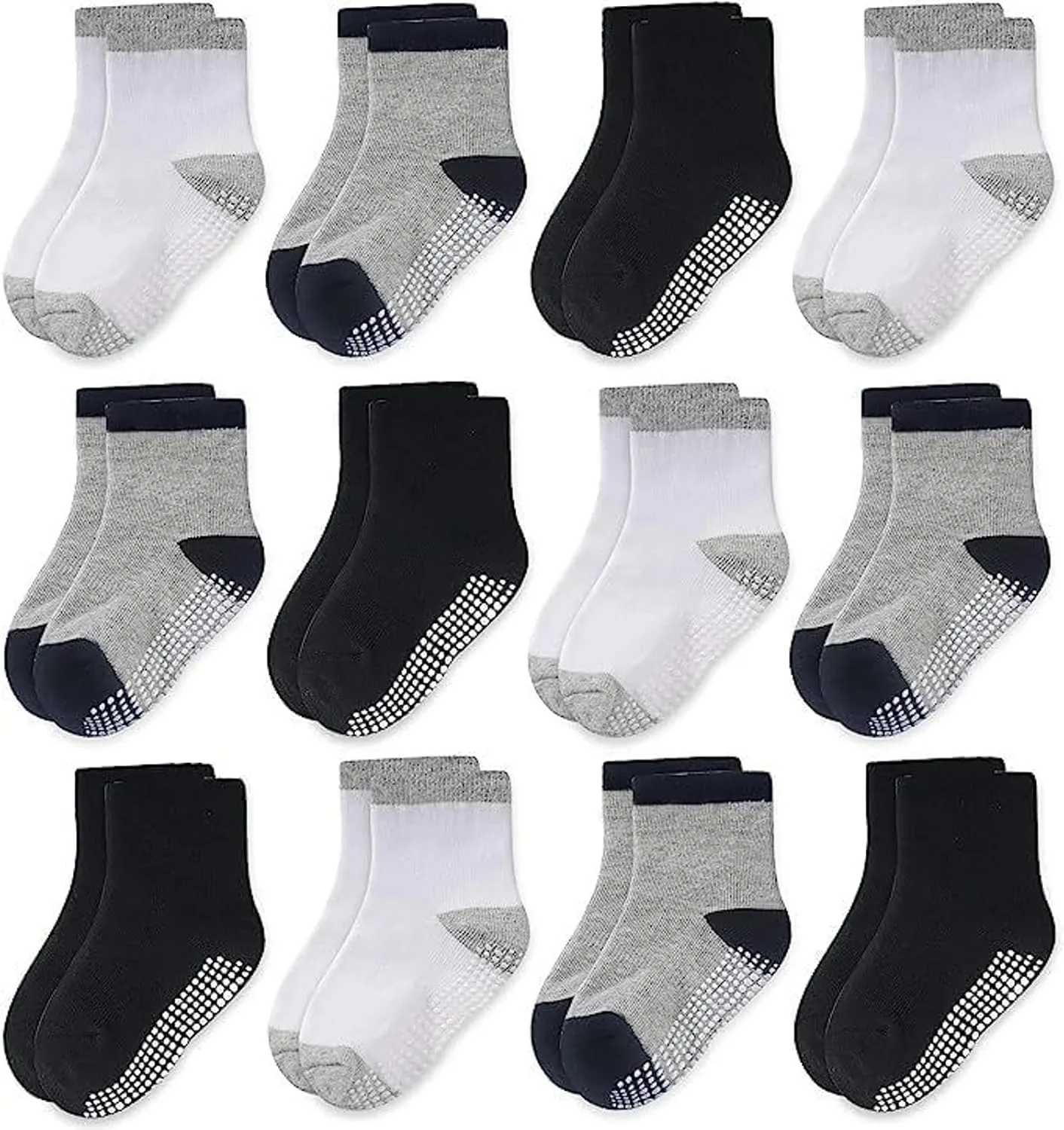 CozyWay Baby & Toddler Socks With Grippers Non Slip Crew Grip Socks for Kids Girls and Boys Soft Comfy Cotton Black/White Multicolor - 6-12 Months - 12 Pack