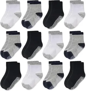 CozyWay Baby & Toddler Socks With Grippers Non Slip Crew Grip Socks for Kids Girls and Boys Soft Comfy Cotton Black/White Multicolor - 6-12 Months - 12 Pack