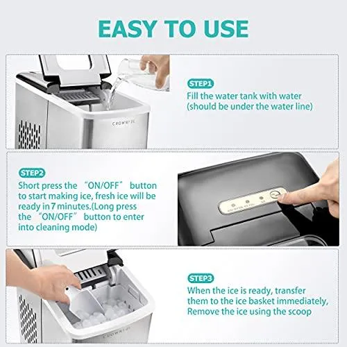 CROWNFUL Ice Maker Machine for Countertop, 9 Ice Cubes Ready in 7 Minutes, 26lbs Bullet Ice Cubes in 24H, Electric Ice Maker with Scoop and Basket