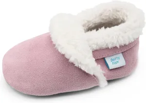 Dotty Fish Baby & Toddler Suede Slippers  Fleece Lined, Non-Slip Soft Sole Shoes  Warm Cozy Slippers for Boys & Girls  Ages 0-4