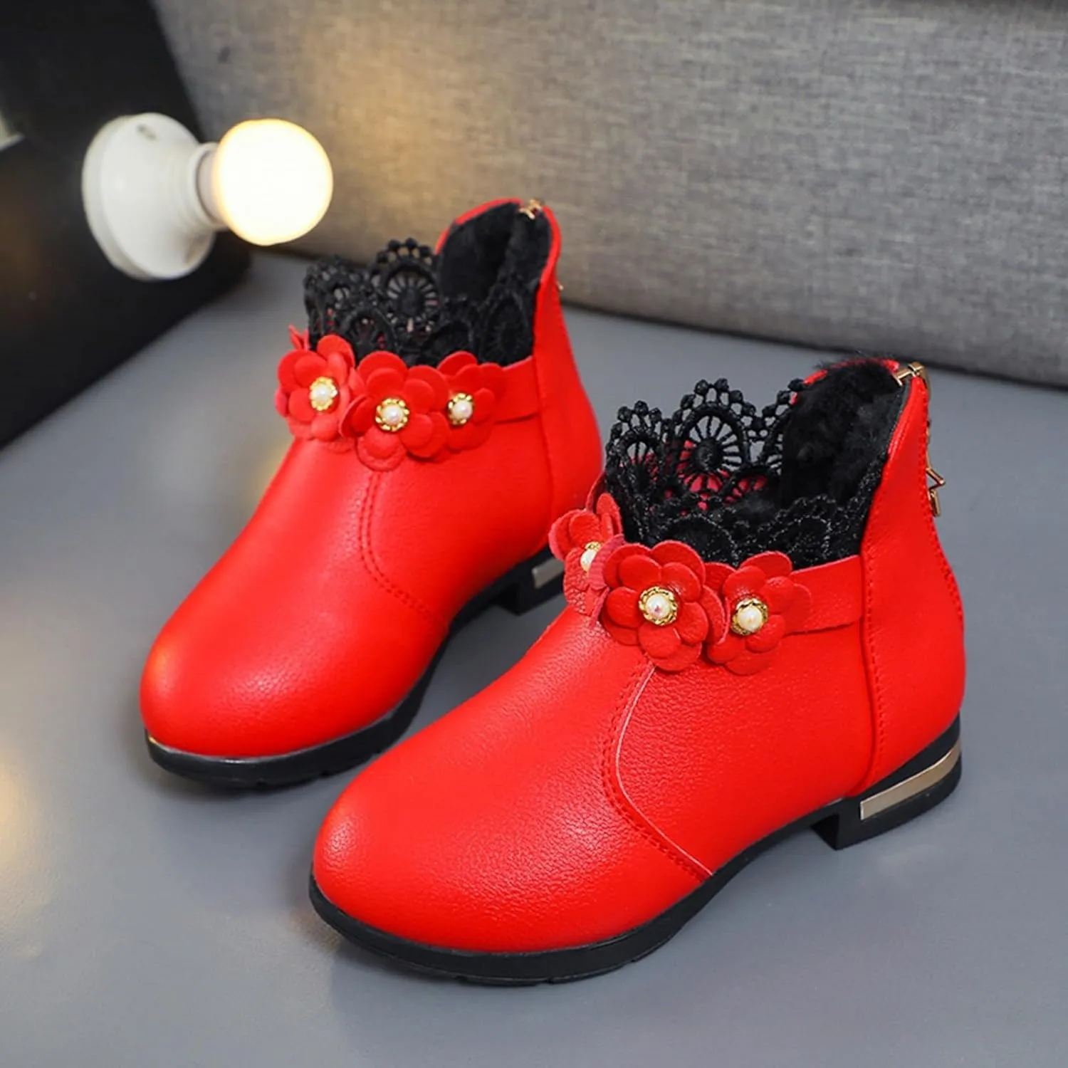 Fancy Leather Fleece Lined Children's Boots Low Tube 3D Flowers Print Boots Kids Fashion Snow Back Zipper Shoes