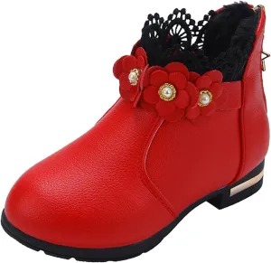 Fancy Leather Fleece Lined Children's Boots Low Tube 3D Flowers Print Boots Kids Fashion Snow Back Zipper Shoes