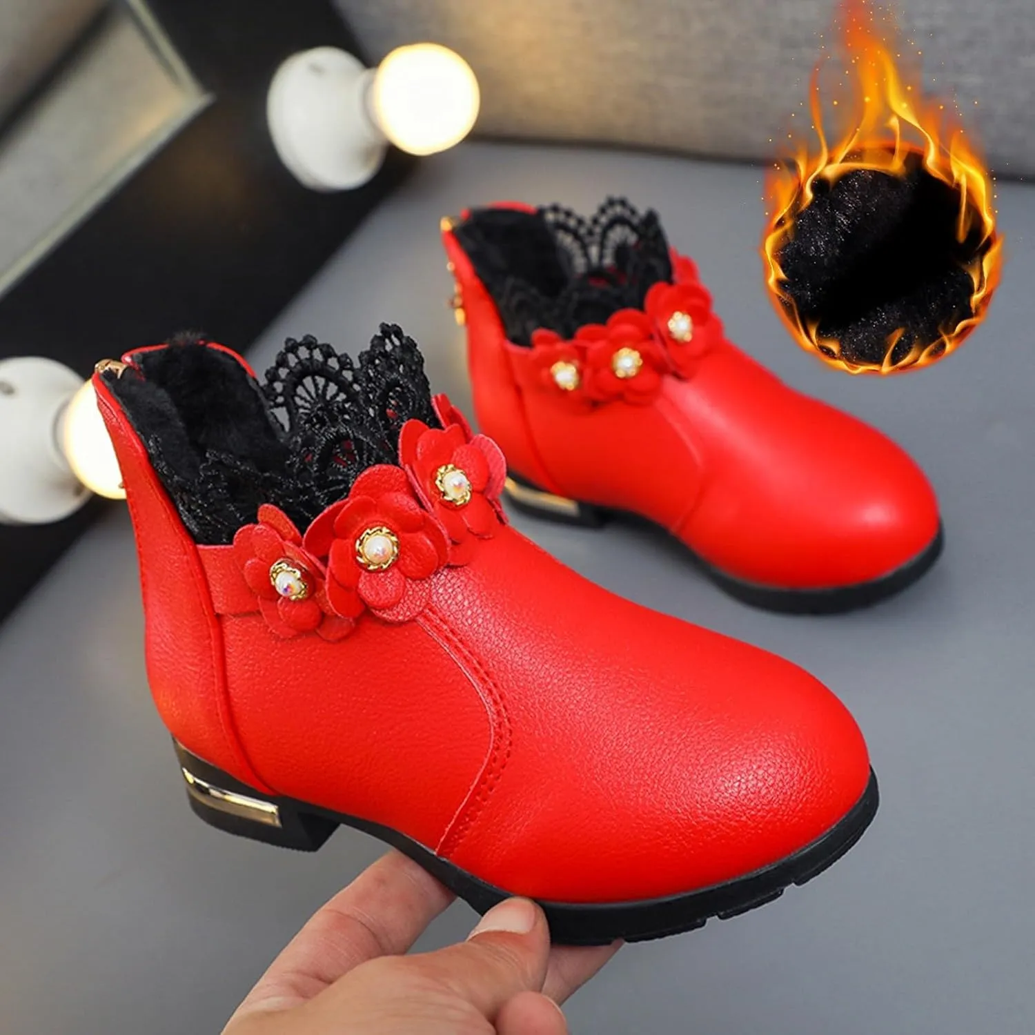 Fancy Leather Fleece Lined Children's Boots Low Tube 3D Flowers Print Boots Kids Fashion Snow Back Zipper Shoes