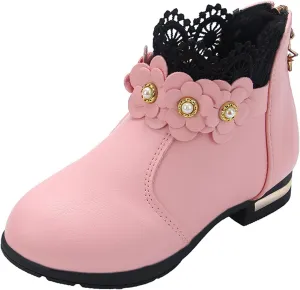 Fancy Leather Fleece Lined Children's Boots Low Tube 3D Flowers Print Boots Kids Fashion Snow Back Zipper Shoes