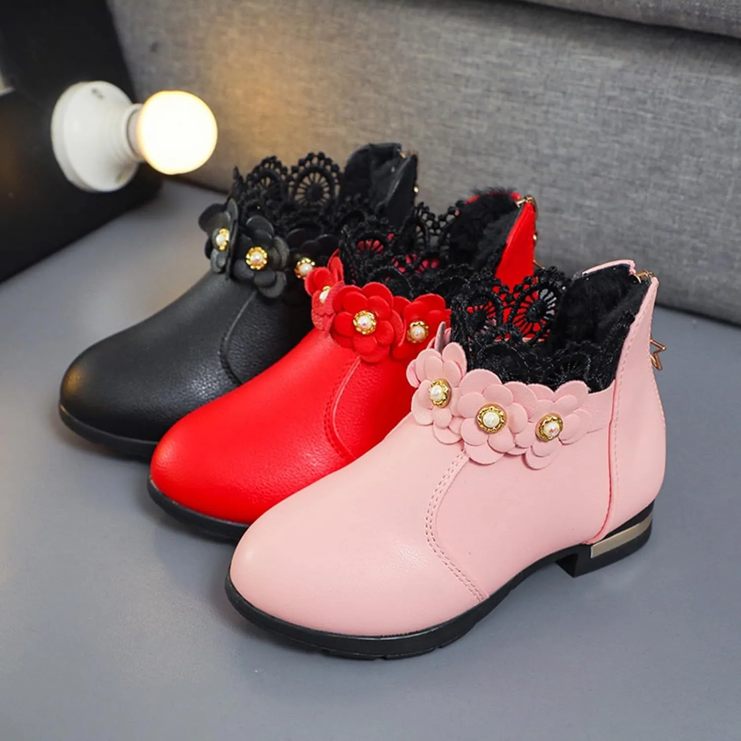 Fancy Leather Fleece Lined Children's Boots Low Tube 3D Flowers Print Boots Kids Fashion Snow Back Zipper Shoes