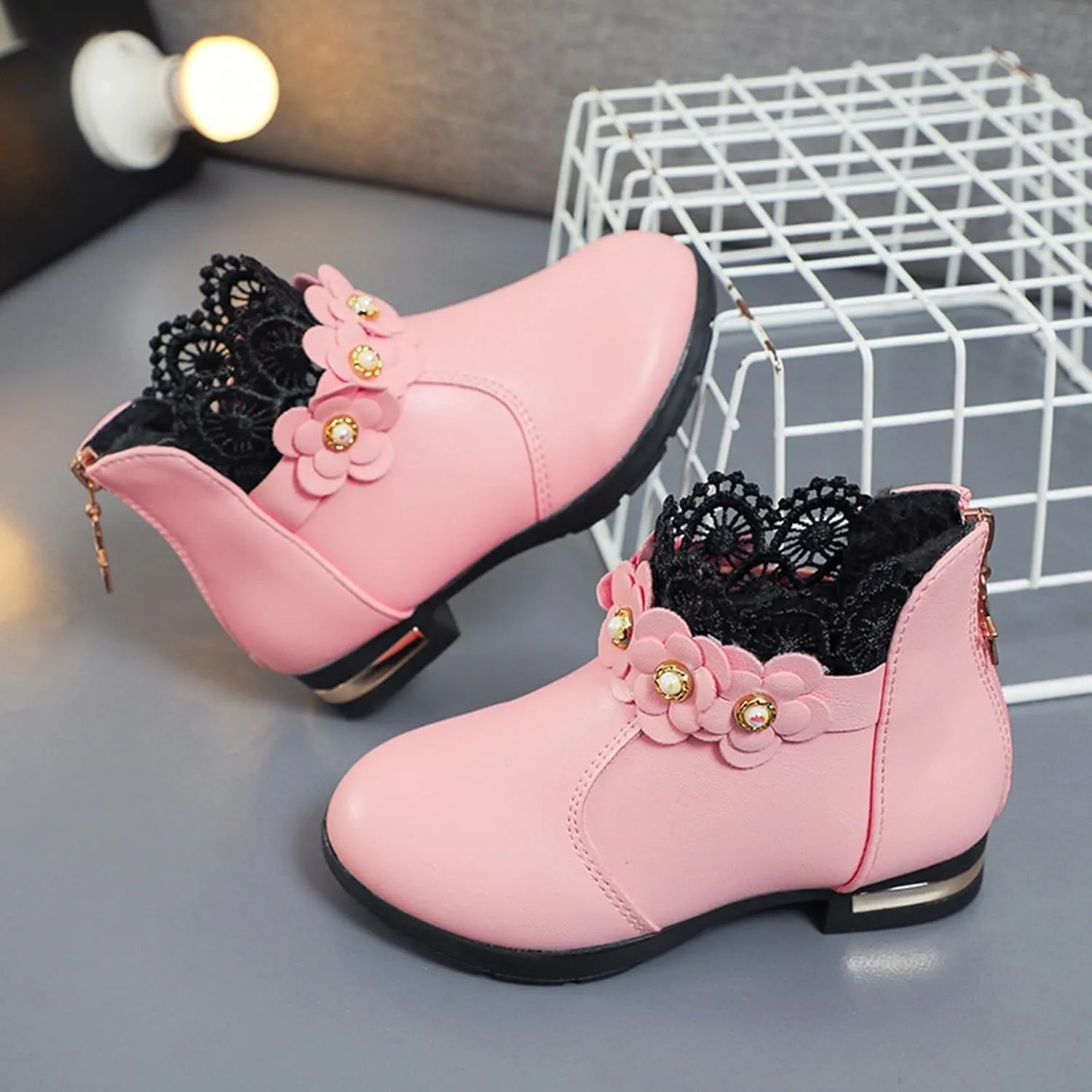 Fancy Leather Fleece Lined Children's Boots Low Tube 3D Flowers Print Boots Kids Fashion Snow Back Zipper Shoes