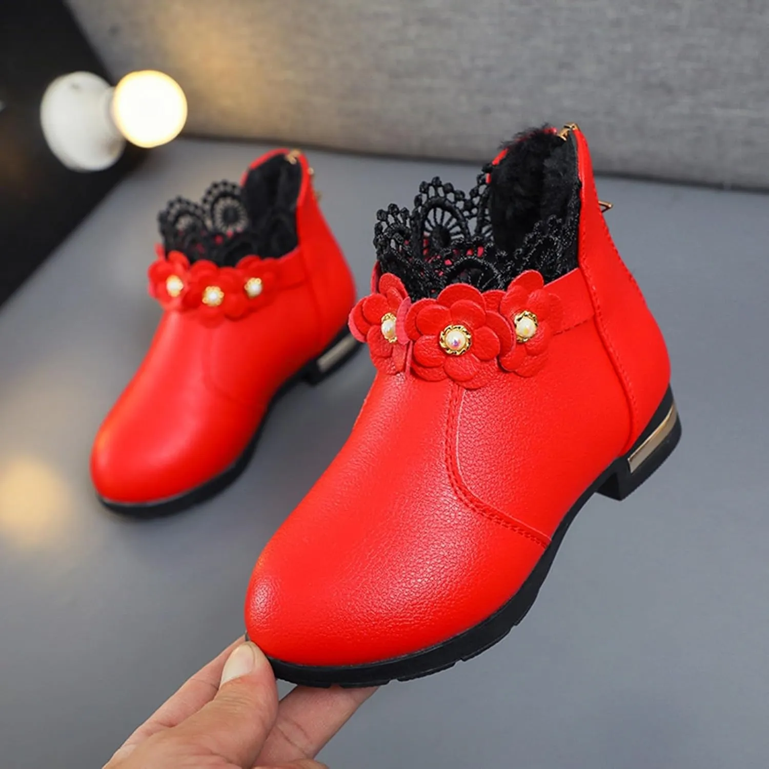 Fancy Leather Fleece Lined Children's Boots Low Tube 3D Flowers Print Boots Kids Fashion Snow Back Zipper Shoes