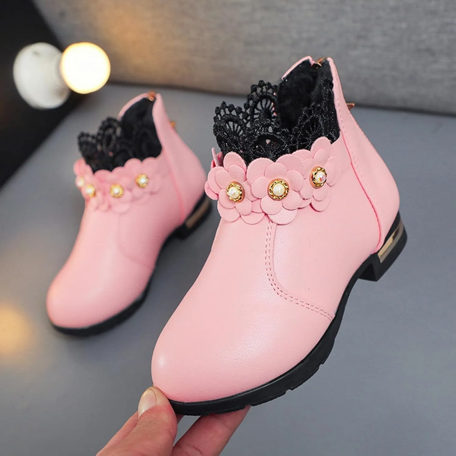 Fancy Leather Fleece Lined Children's Boots Low Tube 3D Flowers Print Boots Kids Fashion Snow Back Zipper Shoes
