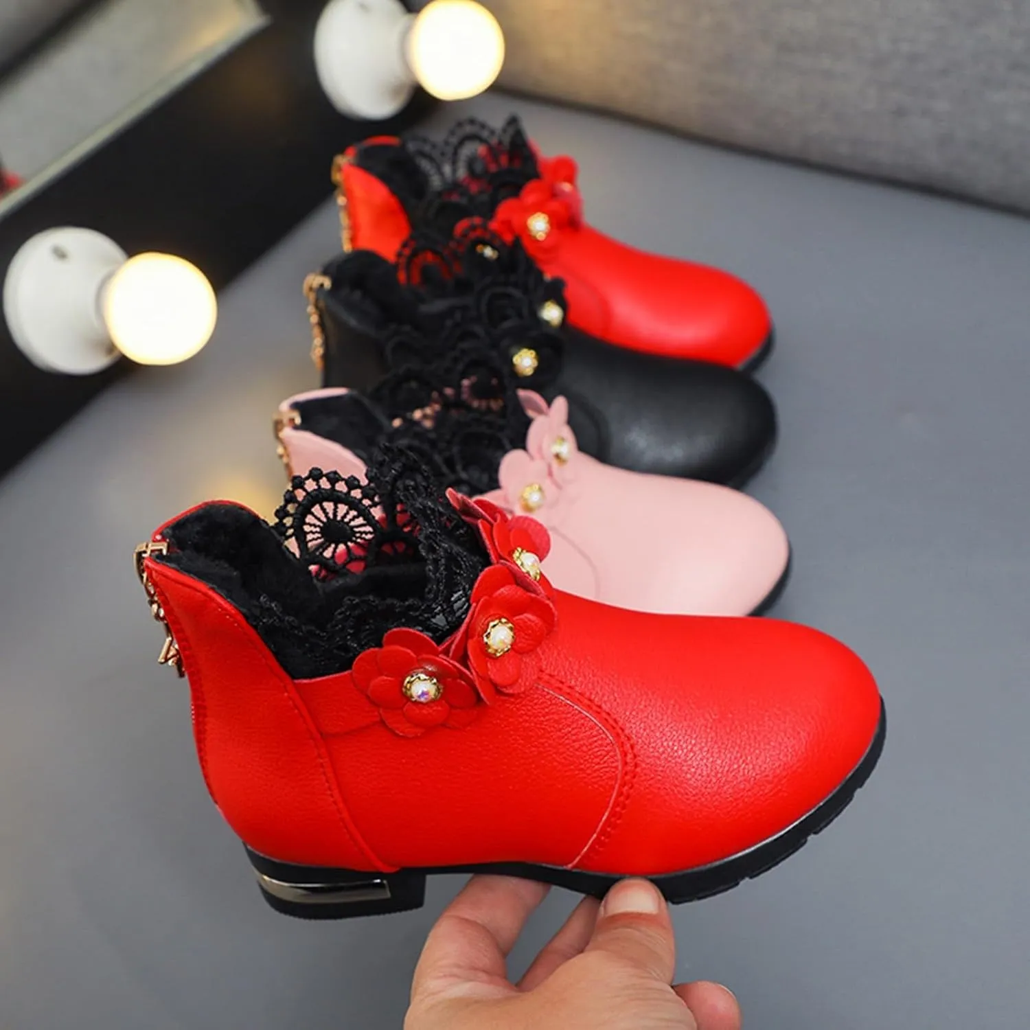 Fancy Leather Fleece Lined Children's Boots Low Tube 3D Flowers Print Boots Kids Fashion Snow Back Zipper Shoes