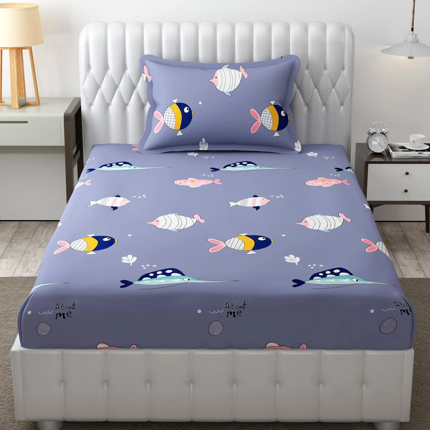 FRESH FROM LOOM Glace Cotton Wrinkle Free Soft Hypoallergenic Elastic Fitted Bed Sheet | Cartoon Printed Bedsheets for Kids with 1 Pillow (Size - 36 x 78 Inches (Fits up to 8 Inch) | Fish/Blue)