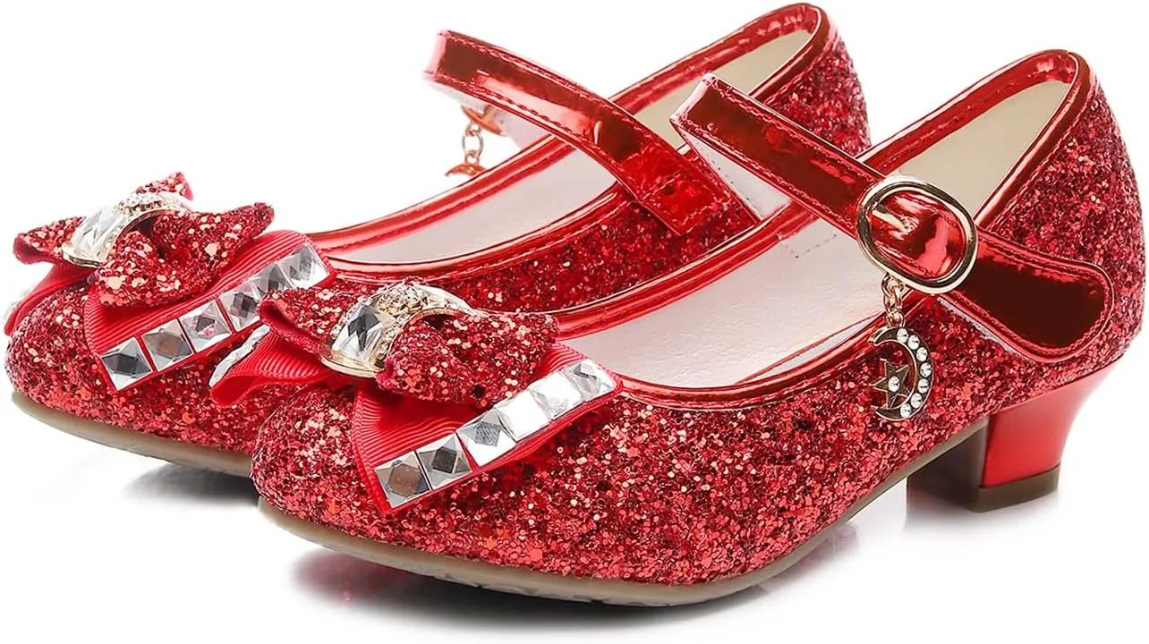 Girls Dress Shoes Mary Jane Wedding Party Heel Glitter Bow Princess Flower Shoes for Kid Toddler