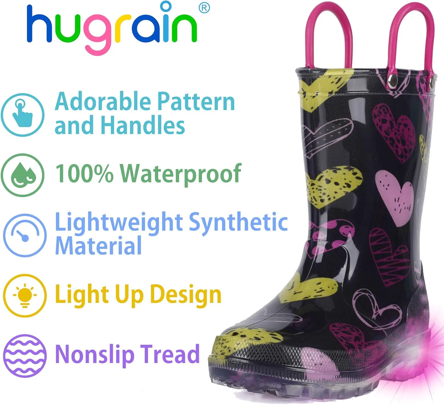 HugRain Light Up Rain Boots for Little Kids