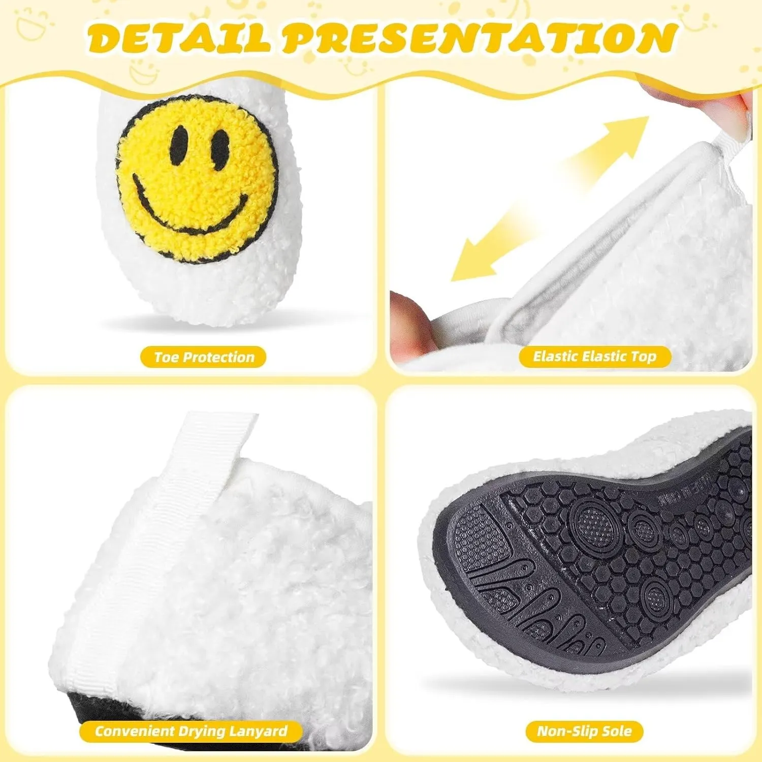 KEYUSHOP Smile Face Toddler Kids Slippers - Cute Soft Plush Non-Slip Rubber Sole Socks Shoes - Warm, Lightweight, Outdoor Walking Shoes