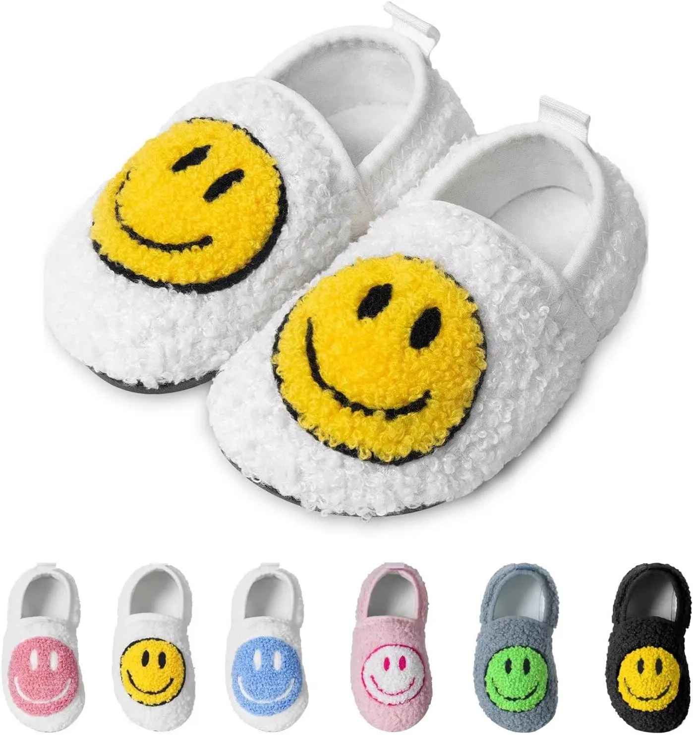KEYUSHOP Smile Face Toddler Kids Slippers - Cute Soft Plush Non-Slip Rubber Sole Socks Shoes - Warm, Lightweight, Outdoor Walking Shoes