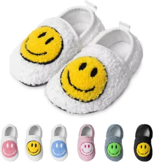KEYUSHOP Smile Face Toddler Kids Slippers - Cute Soft Plush Non-Slip Rubber Sole Socks Shoes - Warm, Lightweight, Outdoor Walking Shoes