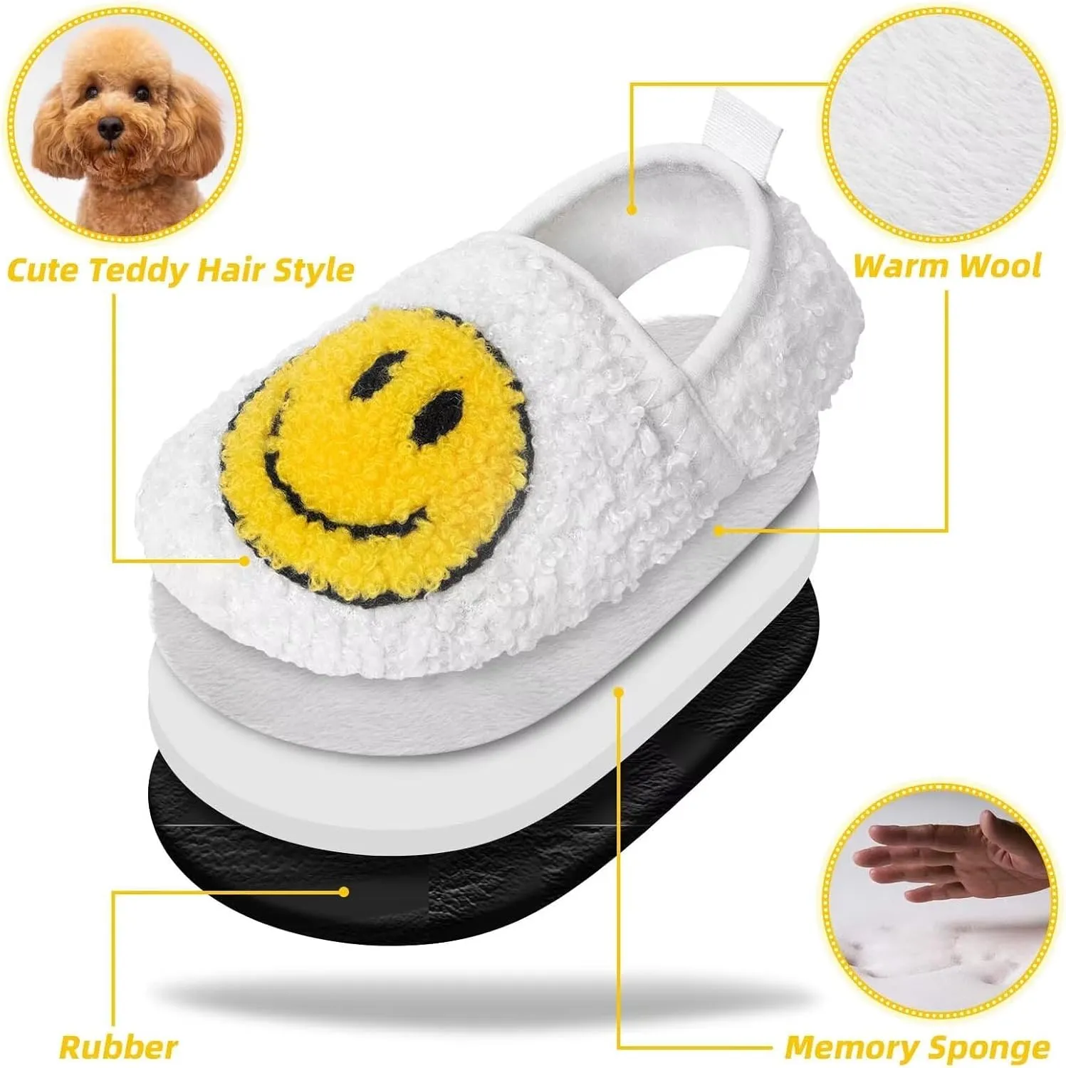 KEYUSHOP Smile Face Toddler Kids Slippers - Cute Soft Plush Non-Slip Rubber Sole Socks Shoes - Warm, Lightweight, Outdoor Walking Shoes