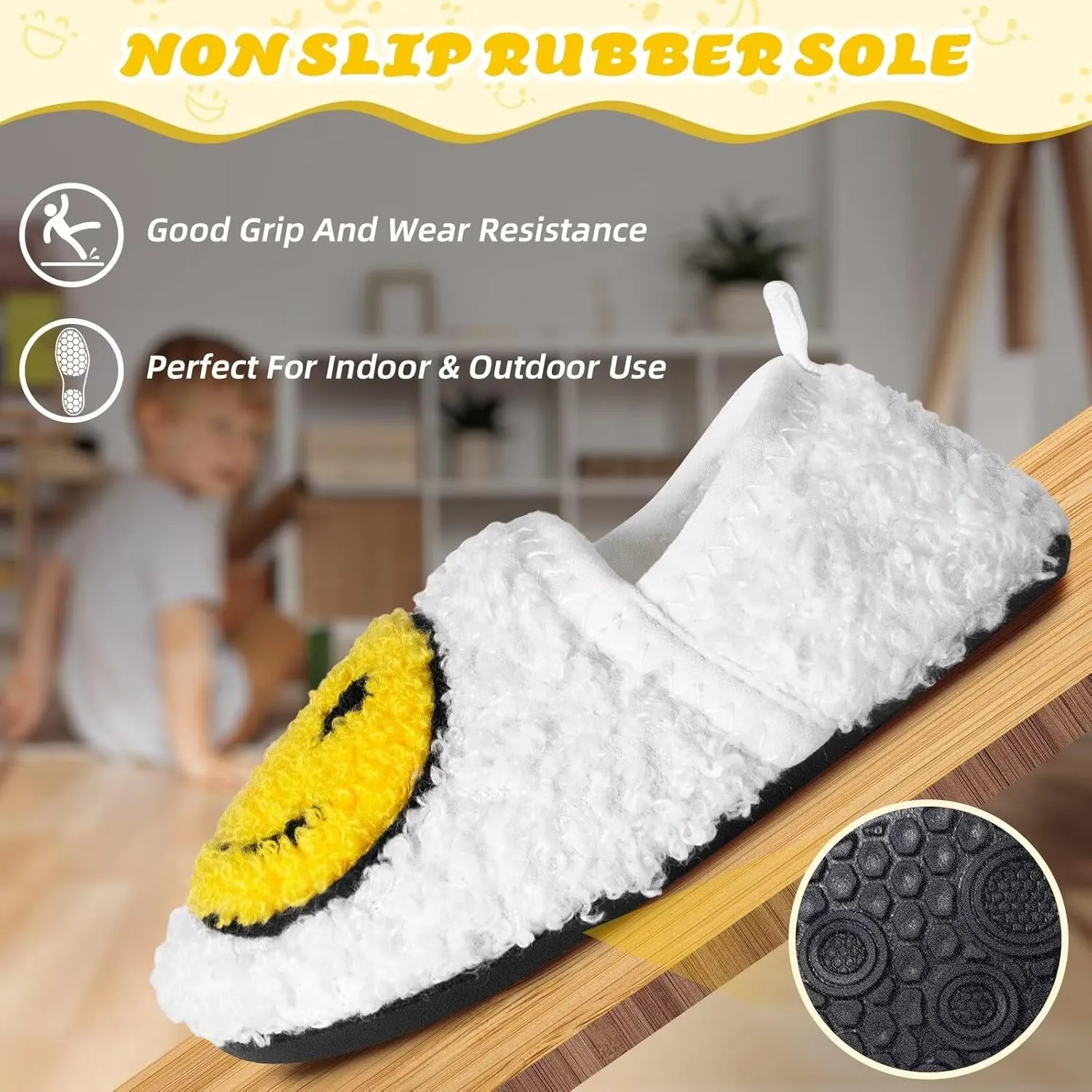 KEYUSHOP Smile Face Toddler Kids Slippers - Cute Soft Plush Non-Slip Rubber Sole Socks Shoes - Warm, Lightweight, Outdoor Walking Shoes