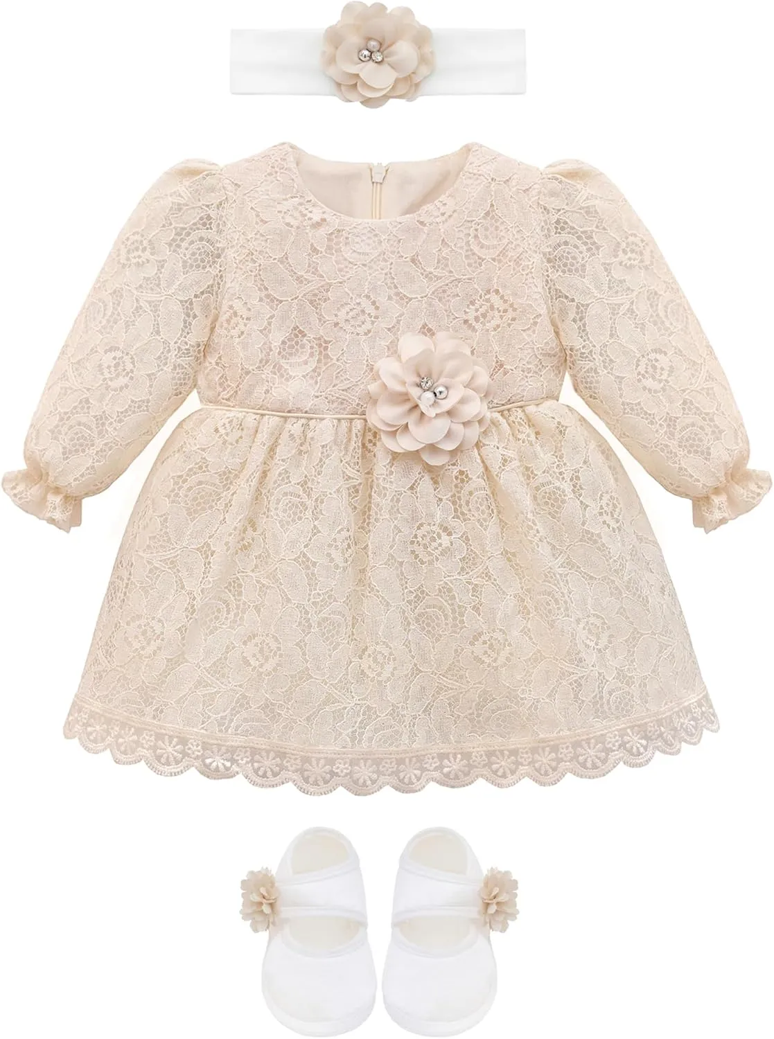 Lilax Baby Girls' Lace Floral Embroidered Dress with Matching Shoes Christening Baptism Dress