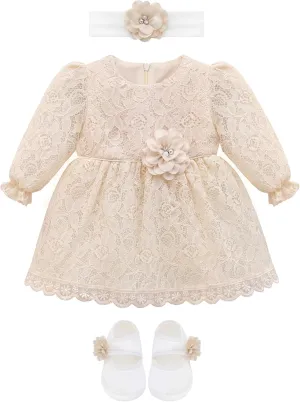 Lilax Baby Girls' Lace Floral Embroidered Dress with Matching Shoes Christening Baptism Dress