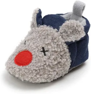 myppgg Baby Girls Boys Fleece Booties Newborn Cozy Warm Footwear Winter Cotton Socks Non-Slip Soft Sole Crib Shoes, Mouse/Gray&blue, 0-6 Months Infant