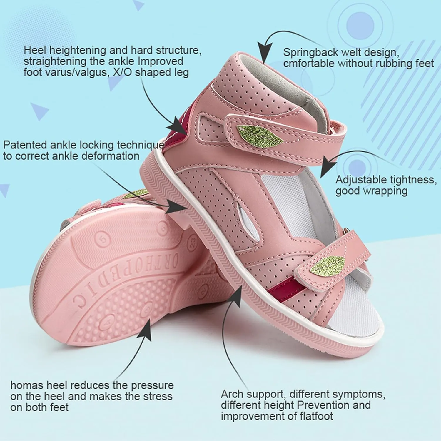 Orthopedic Sandals for Kids and Toddlers with Arch and Ankle Support,Low-Top Pink Corrective Shoes with Green Leaf Accents