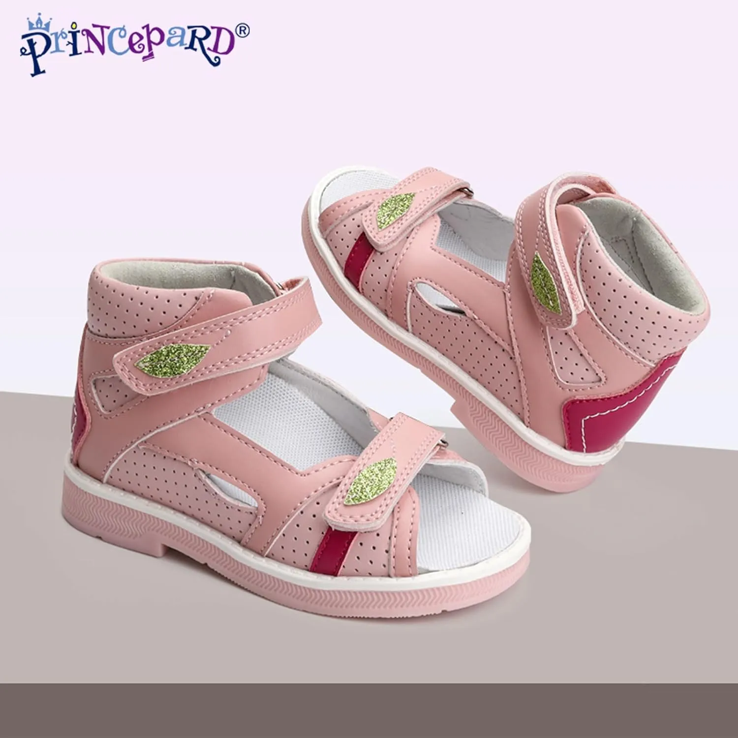 Orthopedic Sandals for Kids and Toddlers with Arch and Ankle Support,Low-Top Pink Corrective Shoes with Green Leaf Accents