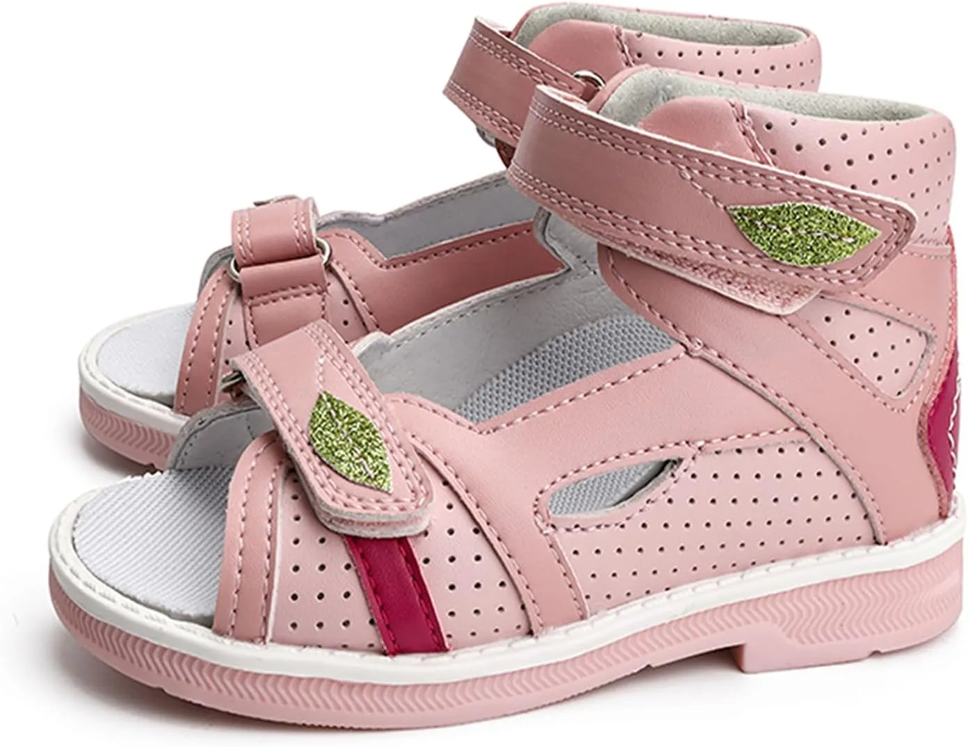 Orthopedic Sandals for Kids and Toddlers with Arch and Ankle Support,Low-Top Pink Corrective Shoes with Green Leaf Accents