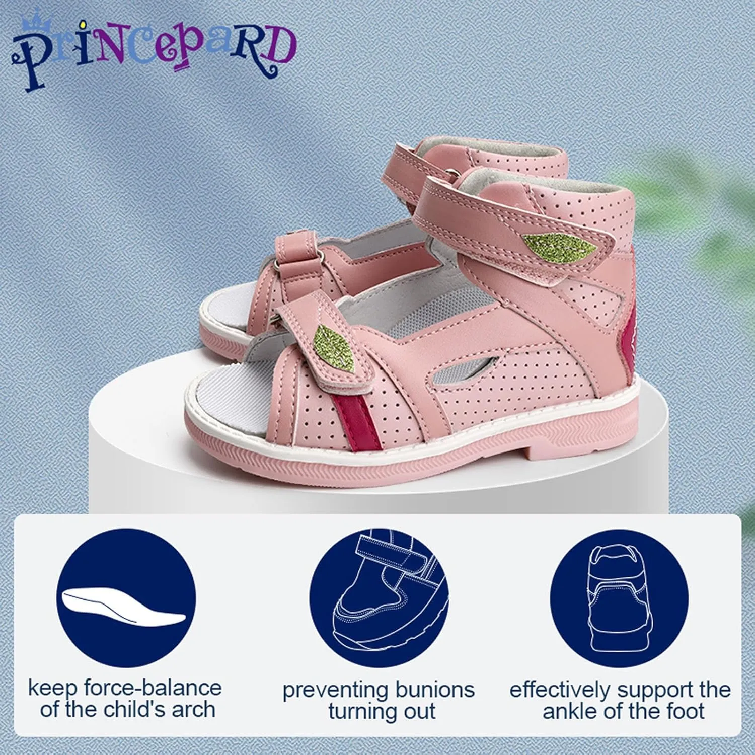 Orthopedic Sandals for Kids and Toddlers with Arch and Ankle Support,Low-Top Pink Corrective Shoes with Green Leaf Accents