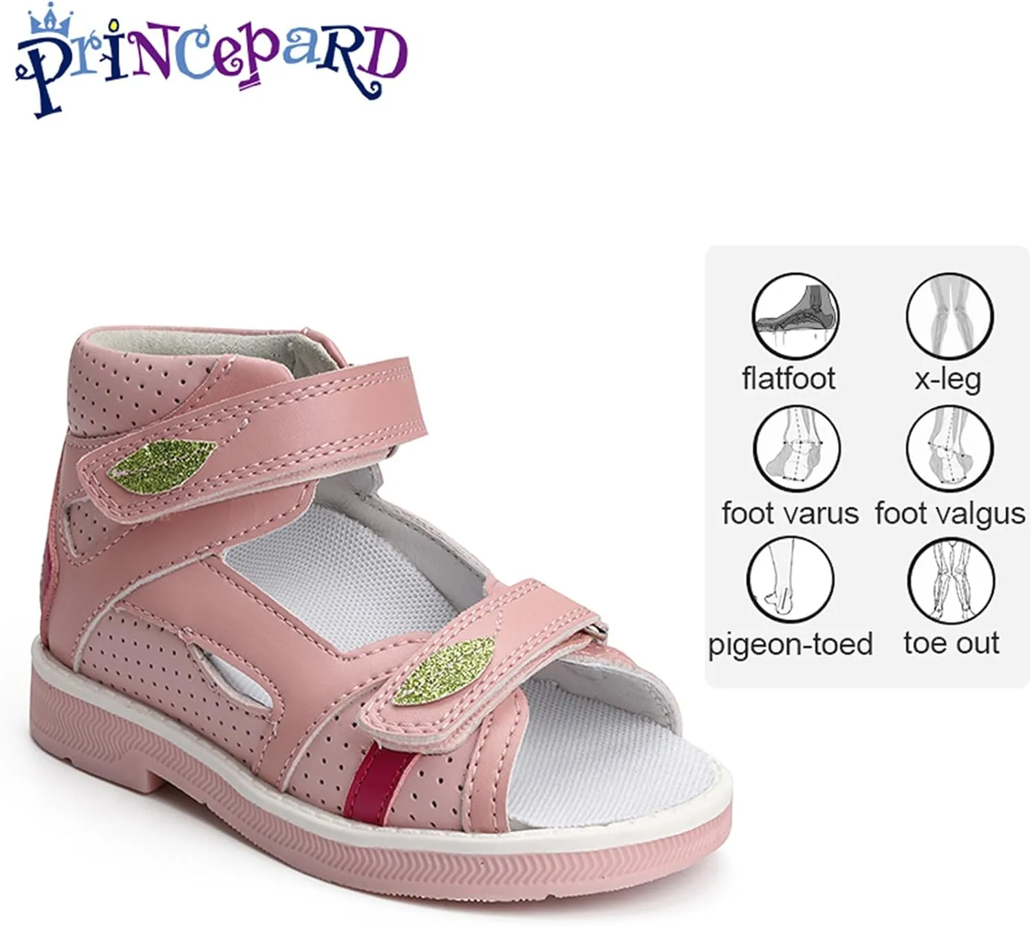 Orthopedic Sandals for Kids and Toddlers with Arch and Ankle Support,Low-Top Pink Corrective Shoes with Green Leaf Accents