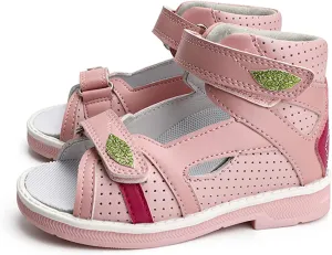 Orthopedic Sandals for Kids and Toddlers with Arch and Ankle Support,Low-Top Pink Corrective Shoes with Green Leaf Accents